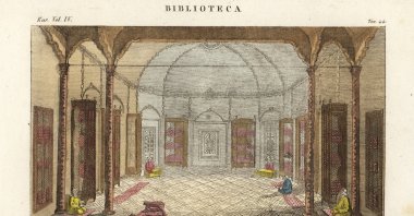 A hand-colored copperplate engraving by Antonio Verico shows the public library of Abdul Hamid I, Sultan of the Ottoman Empire, 1773-1789. (Getty Images Photo)