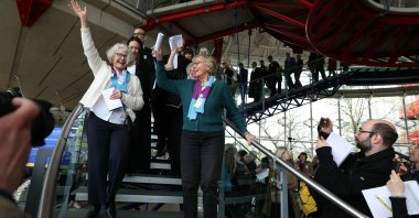 Members of the Senior Women for Climate Protection association react after the announcement of decisions after a hearing of the European Court of Human Rights (ECHR) to decide in three separate cases if states are doing enough in the face of global warming in rulings that could force them to do more, in Strasbourg, eastern France, April 9, 2024. (AFP Photo)