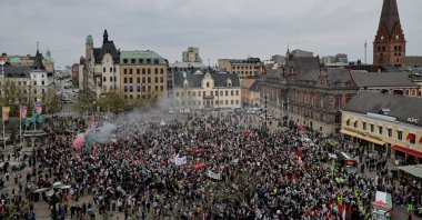 Pro-Palestinian demonstrators attend a protest against Israeli participation in the Eurovision song contest, in Malmo, Sweden, May 9, 2024. (Reuters Photo)