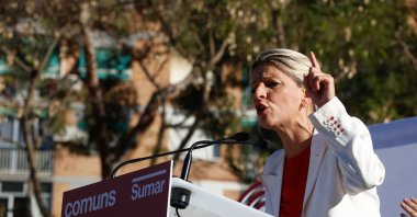 Spain's Second Deputy Prime Minister and Labor Minister Yolanda Diaz takes part in the closing electoral campaign event of left-party Comuns Sumar, in Cornella de Llobregat, Barcelona, Spain, May 10, 2024. (EPA Photo)