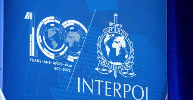 Interpol's logo is seen at the Closing Ceremony of the 91st INTERPOL General Assembly in Vienna, Dec. 3, 2023. (Reuters File Photo)