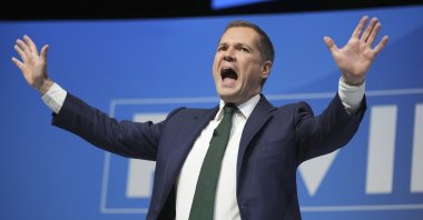 Conservative leadership candidate Robert Jenrick addresses members during the Conservative Party Conference at the International Convention Centre in Birmingham, England, Wednesday, Oct. 2, 2024.(AP Photo)