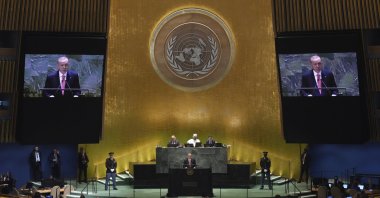 President Recep Tayyip Erdoğan addresses the 79th session of the United Nations General Assembly, New York, U.S., Sept. 24, 2024. (AP Photo)