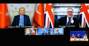 President Recep Tayyip Erdoğan attends a video call with the U.K., Canada, European leaders and EU officials on the security of Europe, Brussels, Belgium, March 7, 2025. (EPA Photo)