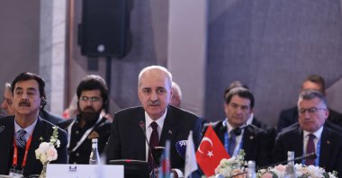 Parliamentary Speaker Numan Kurtulmuş speaks at an event, Tashkent, Uzbekistan, Apr. 6, 2025. (AA Photo)
