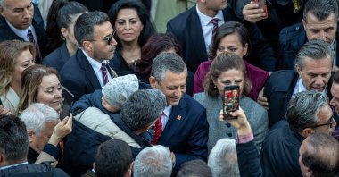 Reelected CHP Chairperson Özgür Özel greets party members after the rally following the congress held at the Nazım Hikmet Cultural Center, Ankara, Türkiye, April 6, 2025. (Reuters Photo)