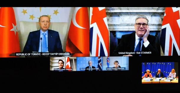 President Recep Tayyip Erdoğan attends a video call with British, Canadian, European leaders and EU officials on the security of Europe, Brussels, Belgium, March 7, 2025. (EPA Photo)