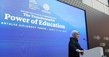 First lady Emine Erdoğan delivers a speech at the 4th Antalya Diplomacy Forum, Antalya, Türkiye, April 12, 2025. (AA Photo) 
