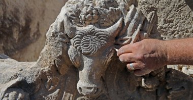 The sarcophagus features ram heads, uncovered in the ancient city of Stratonikeia, Muğla, southwestern Türkiye, April 16, 2025. (AA Photo)
