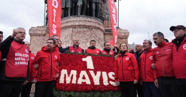 Members of the Confederation of Progressive Trade Unions of Türkiye (DISK) lay a wreath at the Taksim Republic Monument on International Workers' Day, Istanbul, Türkiye, May 1, 2025. (AA Photo)