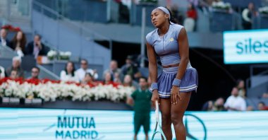 U.S.' Coco Gauff reacts as she plays against Belarus' Aryna Sabalenka during their 2025 WTA Tour Madrid Open tennis tournament singles final match at the Caja Magica, Madrid, Spain, May 1, 2025. (AFP Photo)