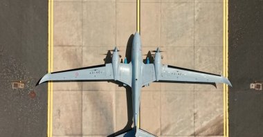 An aerial view of the Bayraktar Akıncı drone at an undisclosed location, May 8, 2025. (IHA Photo)