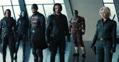This image released by Marvel Studios shows, from left, Hannah John-Kamen, Olga Kurylenko, Wyatt Russell, Sebastian Stan, David Harbour and Florence Pugh in a scene from "Thunderbolts." (AP Photo)