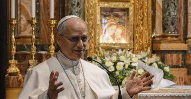 Pope Leo XIV speaks during a visit to the Sanctuary of the Mother of Good Counsel in Genazzano, Rome, Italy, May 10, 2025. (EPA Photo)