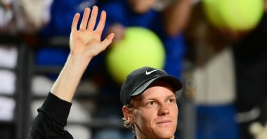 Italy's Jannik Sinner celebrates after winning against Argentina's Mariano Navone during their men's singles match of the ATP Rome Open tennis tournament at Foro Italico, Rome, Italy, May 10, 2025. (AFP Photo)