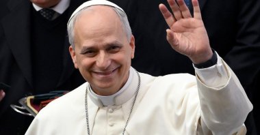 Pope Leo XIV waves during an audience with members of the media at the Paul VI Audience Hall in Vatican City, May 12, 2025. (EPA Photo)