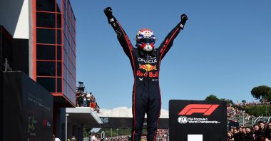 Red Bull's Max Verstappen celebrates after winning the Emilia Romagna Grand Prix at the Autodromo Enzo e Dino Ferrari, Imola, Italy, May 18, 2025. (Reuters Photo)