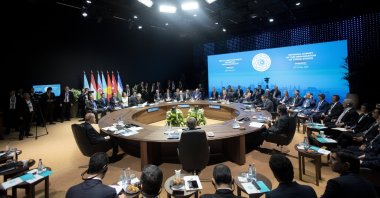 A handout photo made available by the Hungarian Prime Ministry's General Department of Communication shows Hungarian Prime Minister Viktor Orban (C-R) speaking during the informal summit of the Organization of Turkic States (OTS) at the Varkert Bazaar conference hall, Budapest, Hungary, May 21, 2025. (EPA Photo)