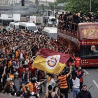 Players of Galatasaray celebrate on the bus with the supporters during the ceremony for the victory of the Turkish Süper Lig 2024-2025 season, Istanbul, Türkiye, May 25, 2025. (EPA Photo)