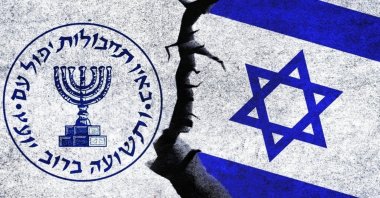 An illustration of the Israeli flag and the Mossad logo on a wall. Turkish intelligence has uncovered Mossad's recruitment of locals for espionage in the past few years in separate investigations. (Shutterstock Photo)