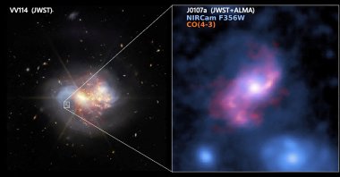 A near-infrared image shows the nearby galaxy VV114 captured by NASA's James Webb Space Telescope, with the monster barred spiral galaxy J0107a in the background, captured by the Atacama Large Millimeter/submillimeter Array and NASA's James Webb Space Telescope, in this undated image. (Reuters Photo)