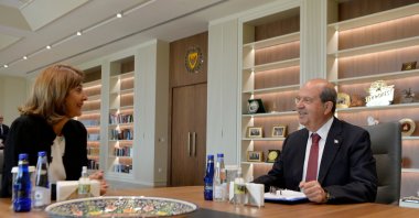 Turkish Republic of Northern Cyprus (TRNC) President Ersin Tatar is seen with the U.N.'s Maria Angela Holguin Cuellar at the presidency in Lefkoşa (Nicosia), TRNC, May 26, 2025 (AA Photo)