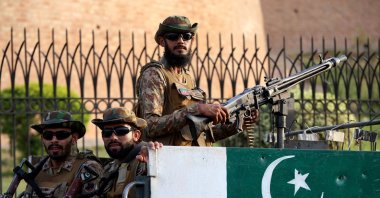 Pakistani Army soldiers stand guard as members of the Christian community rally to show solidarity with Pakistani armed forces in front of the paramilitary FC headquarters, Peshawar, Pakistan, May 20, 2025. (EPA Photo)