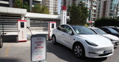 A Tesla model is being charged at a charging point set up at a hospital, Izmir, western Türkiye, May 20, 2025. (IHA Photo)