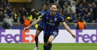 Inter Milan's Hakan Çalhanoğlu celebrates after scoring his side's second goal during the Champions League semifinal second leg against Barcelona at San Siro stadium, Milan, Italy, May 6, 2025. (AP Photo)