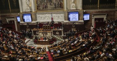 A screen shows the result of the vote during the vote for the palliative and supportive care bill at the French National Assembly, in Paris, France, May 27, 2025. (EPA Photo)