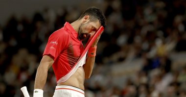 Serbia's Novak Djokovic reacts during his men's first round match against Mackenzie McDonald of the U.S. at the French Open Grand Slam tennis tournament at Roland Garros, Paris, France, May 27, 2025. (EPA Photo)