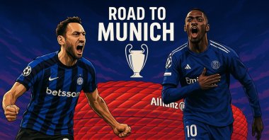 A UEFA Champions League illustration shows Inter Milan's Hakan Çalhanoğlu (L) and Paris Saint-Germain's Ousmane Dembele. (Daily Sabah Illustration)