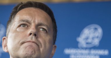 Slovakia's central bank governor, Peter Kazimir, during a press conference on "Rebuilding Europe after the COVID-19 pandemic," Bratislava, Slovakia, June 29, 2020. (AP Photo)