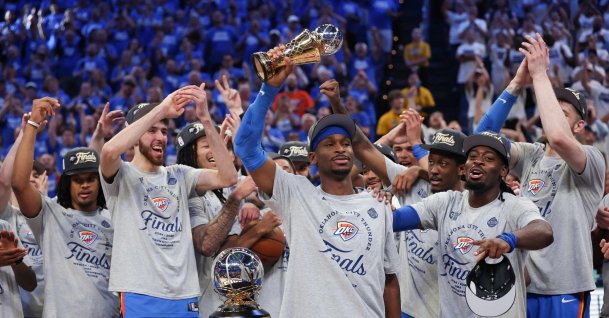 Oklahoma City Thunder's Shai Gilgeous-Alexander (C) celebrates with teammates after winning the Western Conference Finals MVP after defeating the Minnesota Timberwolves 124-94 in Game Five of the Western Conference Finals of the 2025 NBA Playoffs at Paycom Center, Oklahoma City, U.S., May 28, 2025. (AFP Photo)