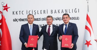 Turkish Republic of Nothern Cyprus (TRNC) Prime Minister Ünal Üstel (C) and Turkish Interior Minister Ali Yerlikaya (L) pose at the opening ceremony of the migration management center, Lefkoşa (Nicosia), TRNC, May 29, 2025. (AA Photo)