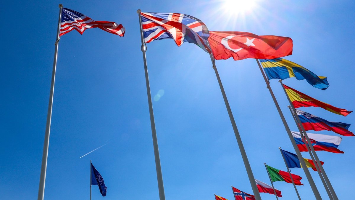 Flags of NATO member countries flutter during a ceremony at NATO headquarters, Brussels, Belgium, April 28, 2025. (EPA Photo)