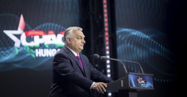 A handout photo made available by the Hungarian Prime Minister's Office General Department of Communication shows Prime Minister of Hungary Viktor Orban delivering his opening address at the Conservative Political Action Conference (CPAC) Hungary in Budapest, May 29, 2025. (EPA Photo)