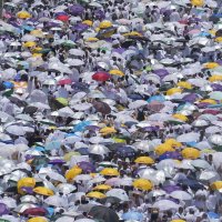 Muslim pilgrims use umbrellas to shield themselves from the sun as they gather outside the Nimrah Mosque to offer the noon prayers in Arafat, on the second day of the annual hajj pilgrimage, near the holy city of Mecca, Saudi Arabia, June 15, 2024. (AP Photo)