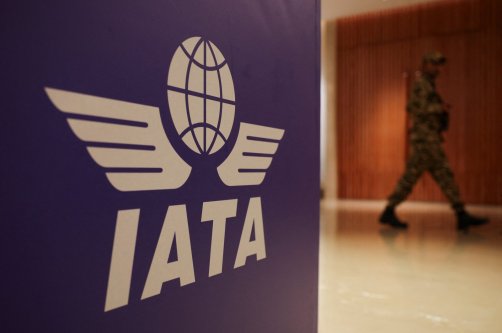 The IATA logo is displayed during the annual International Air Transport Association (IATA) meeting, New Delhi, India, June 2, 2025. (Reuters Photo)