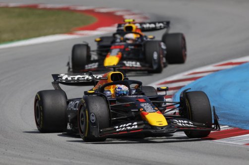Red Bull's Max Verstappen and Red Bull's Yuki Tsunoda in action during the Spanish Grand Prix race at the Circuit de Barcelona, Catalunya, Barcelona, Spain, June 1, 2025. (Reuters Photo)