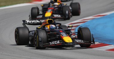 Red Bull's Max Verstappen and Red Bull's Yuki Tsunoda in action during the Spanish Grand Prix race at the Circuit de Barcelona, Catalunya, Barcelona, Spain, June 1, 2025. (Reuters Photo)