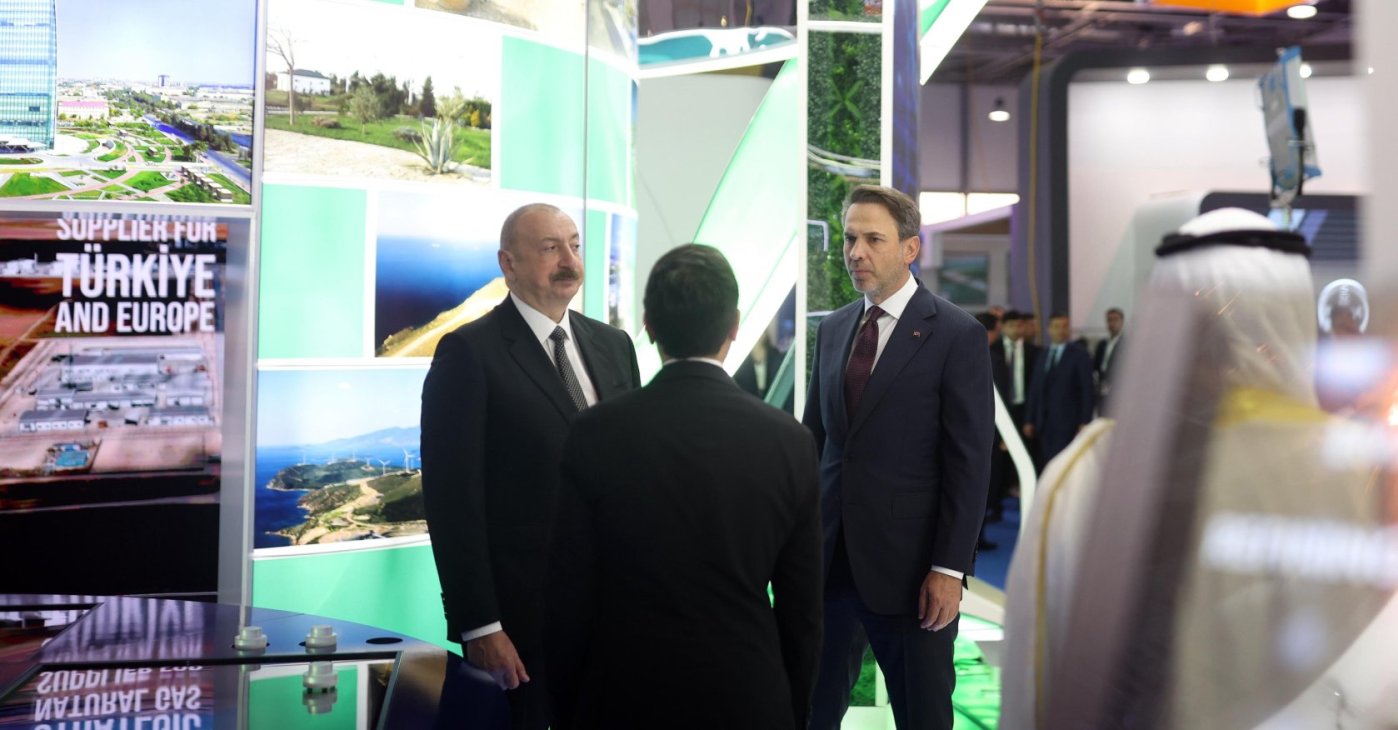 Energy and Natural Resources Minister Alparslan Bayraktar (R) and Azerbaijan's President Ilham Aliyev (L) meet on the sidelines of the Baku Energy Week, Baku, Azerbaijan, June 2, 2025. (AA Photo)