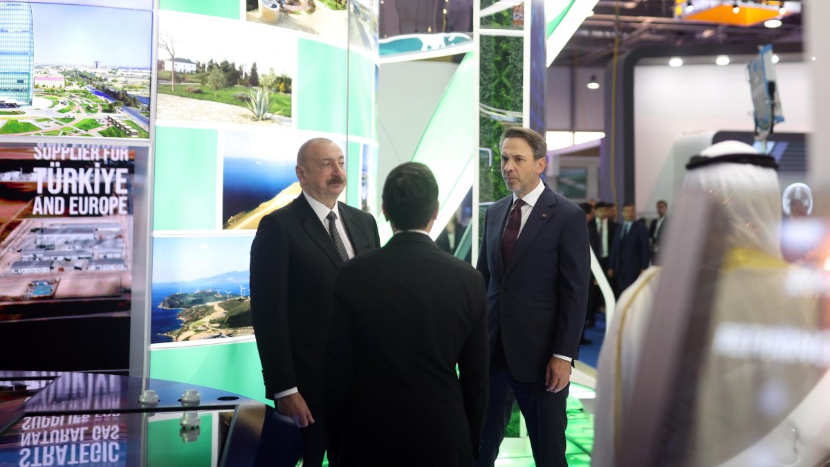 Energy and Natural Resources Minister Alparslan Bayraktar (R) and Azerbaijan&#039;s President Ilham Aliyev (L) meet on the sidelines of the Baku Energy Week, Baku, Azerbaijan, June 2, 2025. (AA Photo)