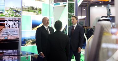 Energy and Natural Resources Minister Alparslan Bayraktar (R) and Azerbaijan's President Ilham Aliyev (L) meet on the sidelines of the Baku Energy Week, Baku, Azerbaijan, June 2, 2025. (AA Photo)