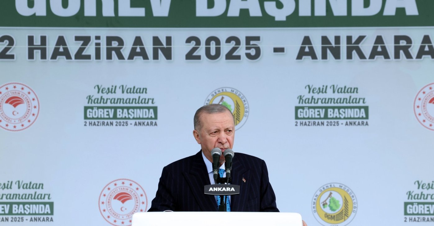 President Erdoğan delivers a speech emphasizing wildfire prevention and forest protection during the summer months, Ankara, Türkiye, June 2, 2025. (AA Photo)