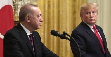 President Donald Trump looks to President Recep Tayyip Erdoğan as a reporter asks a question at a press conference in the East Room of the White House in Washington, D.C., Nov. 13, 2019. (EPA Photo)