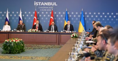 A handout photo made available by the Foreign Ministry's Press Office shows Foreign Minister Hakan Fidan presiding over the second round of peace talks between Ukraine and Russia, in Istanbul, June 2, 2025. (EPA Photo)